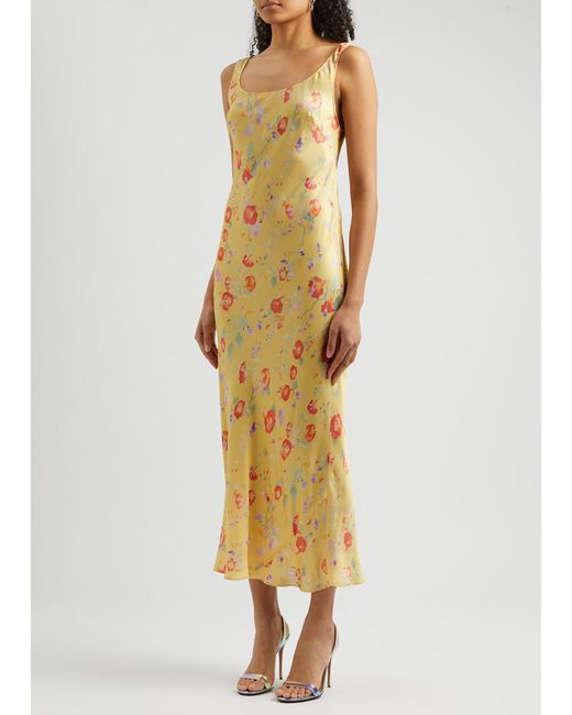 Rixo Metallic Bondi Floral-Print Satin Midi Slip Dress