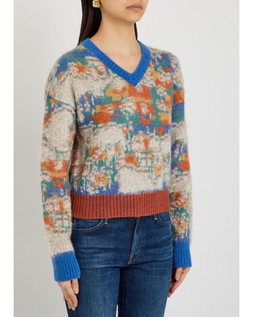 Mother Blue The Crop Varsity Printed Alpaca And Wool-Blend Jumper