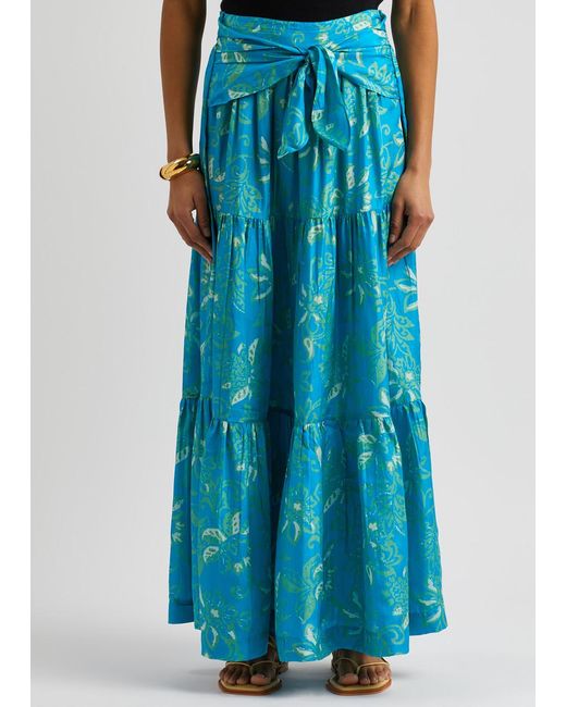 Hannah Artwear Blue Lucca Floral-print Silk Maxi Skirt