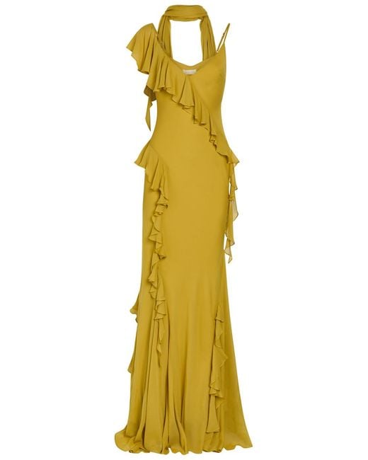 De La Vali Yellow Mayara Scar-Effect Ruffled Chiffon Gown