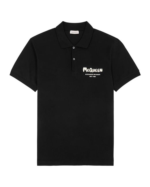 Alexander McQueen Black Graffiti Logo-Embroidered Piqué Cotton Polo Shirt for men