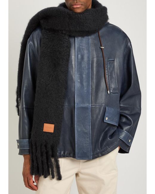 Loewe Black Logo Fringed Brushed Mohair-Blend Scarf for men