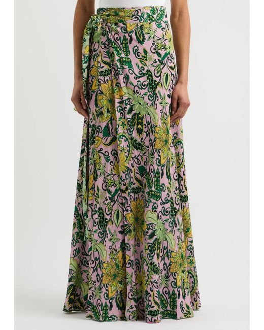 Diane von Furstenberg Green Krisa Reversible Satin Maxi Wrap Skirt