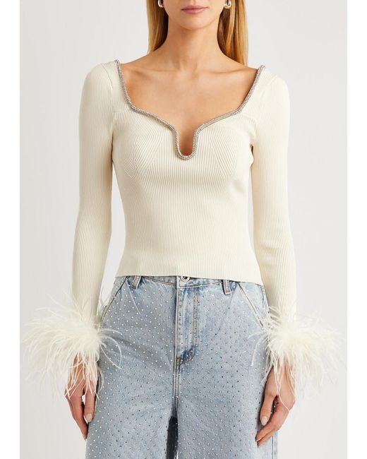 Self-Portrait White Feather-trimmed Ribbed-knit Top