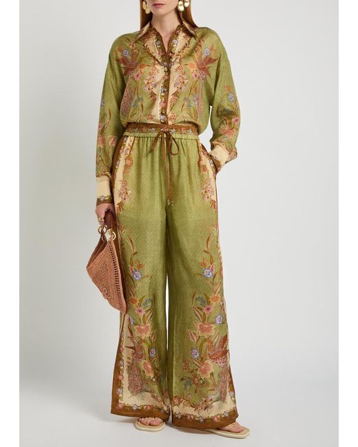 Zimmermann Green Indra Printed Silk Trousers