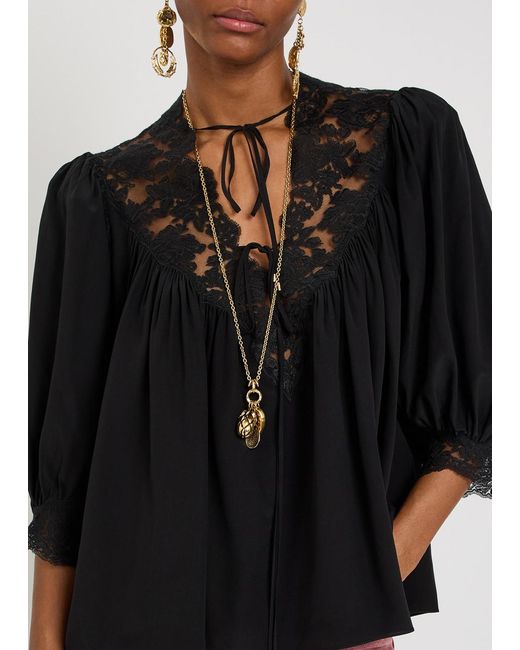 Chloé Black Lace-Trimmed Silk Blouse