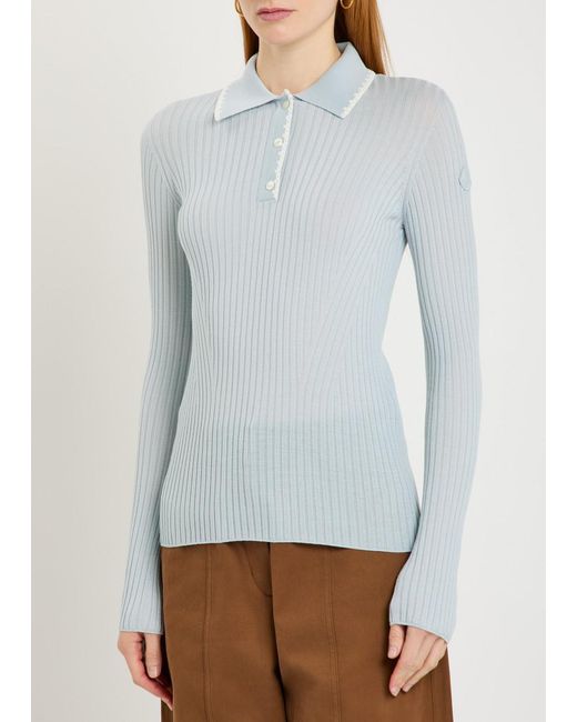 Moncler Blue Ribbed Wool Polo Top