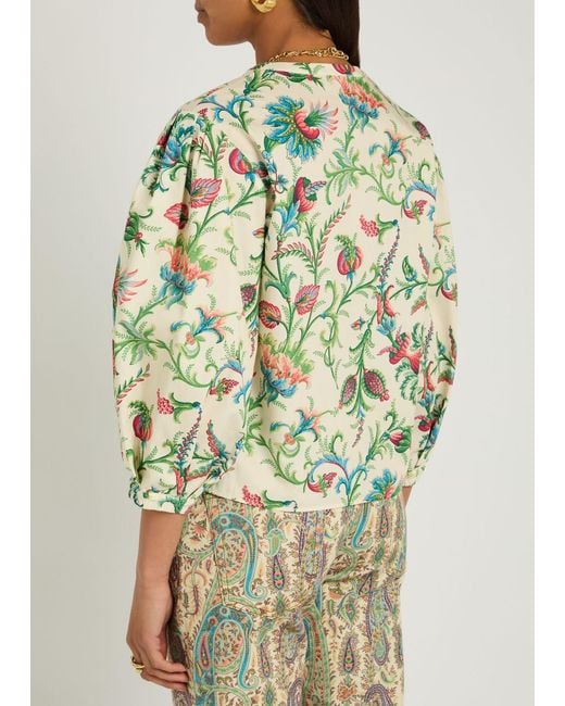 Etro Green Floral-Print Cotton-Poplin Top