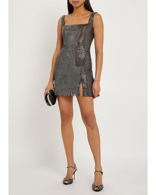 Self-Portrait Brown Rhinestone-Embellished Mesh Mini Dress