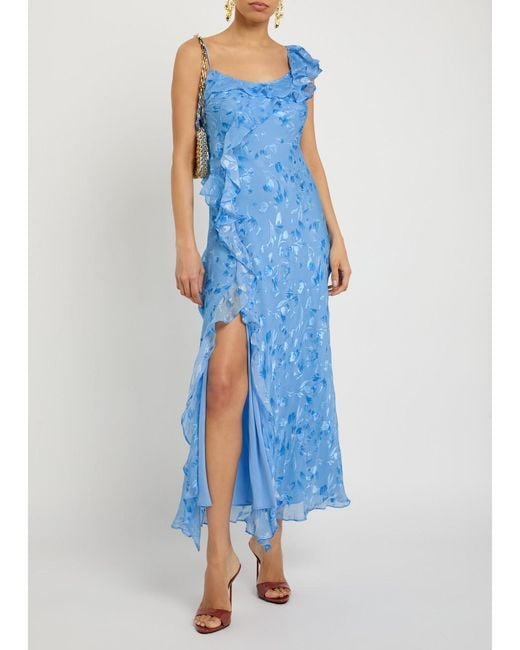 Rixo Blue Ester Devoré Silk-Blend Maxi Dress