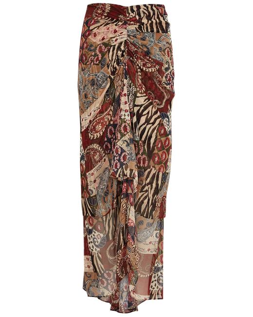 Veronica Beard Brown Sira Patchwork-print Silk-chiffon Midi Skirt
