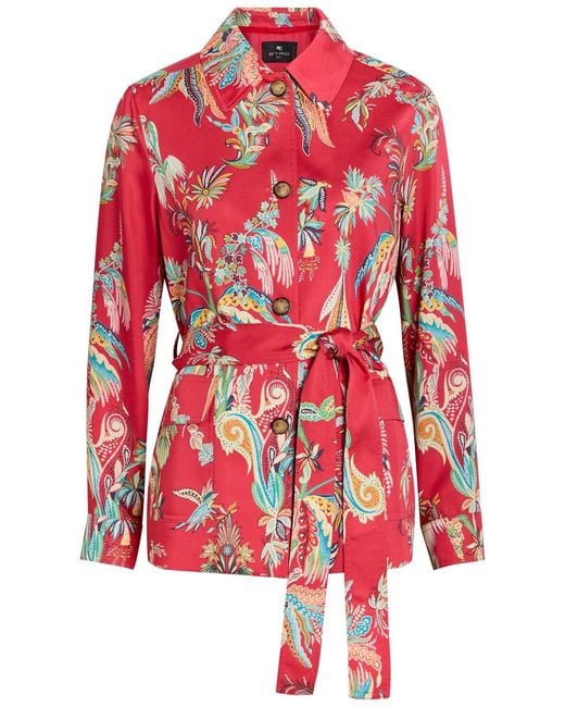 Etro Red Printed Belted Satin Jacket