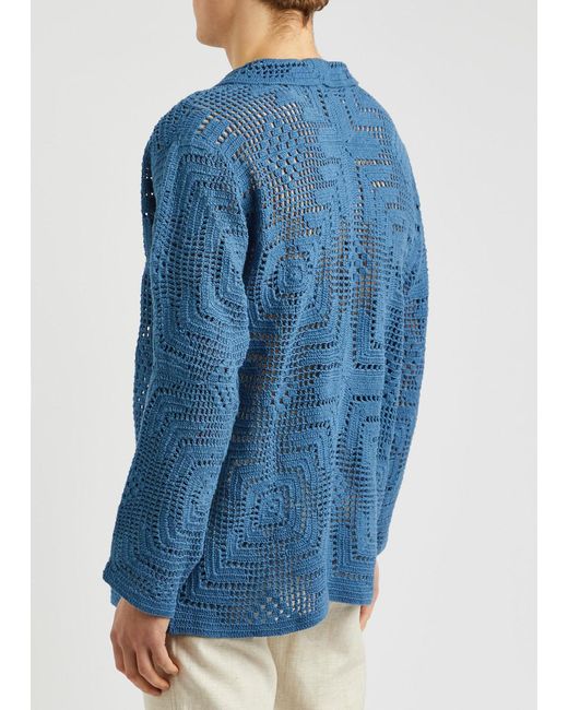 Bode Blue Overdyed Crocheted Shirt for men