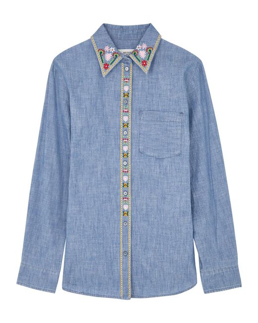 Weekend by Maxmara Blue Udine Floral-embroidered Chambray Shirt
