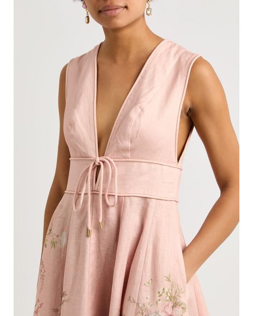 Zimmermann Pink Waverly Floral-Print Linen Midi Dress