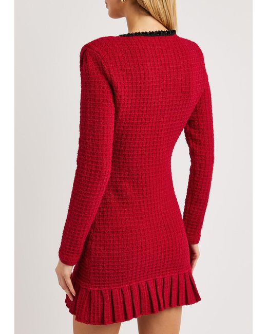 Self-Portrait Red Sequin-embellished Waffle-knit Mini Dress
