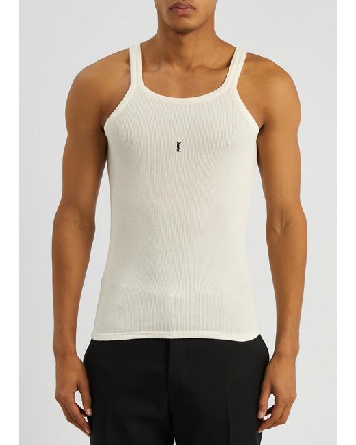 Saint Laurent White Logo-embroidered Ribbed Cotton Tank for men