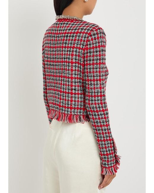 Self-Portrait Red Checked-Knit Cotton-Blend Jacket