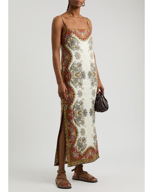 Veronica Beard Natural Petra Paisley-Print Linen Midi Dress