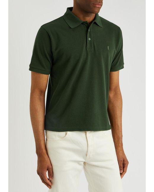 Saint Laurent Green Logo Piqué Cotton-blend Polo Shirt for men