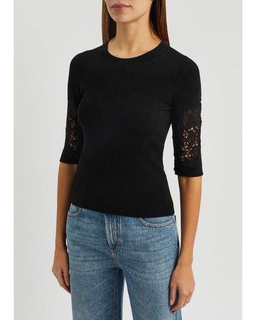 Chloé Black Guipure Lace-trimmed Wool-blend Top