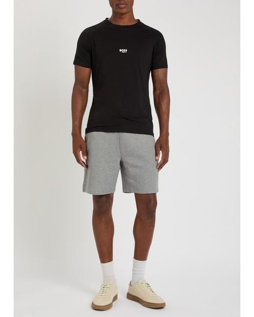 Boss Gray Logo-Embroidered Waffle Cotton-Blend Shorts for men