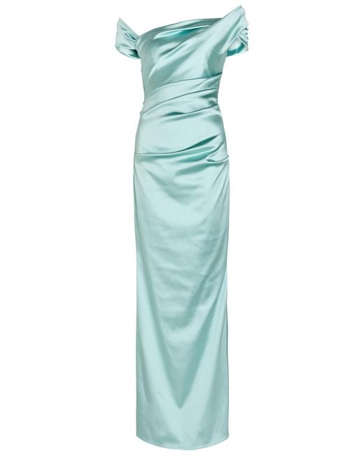 Talbot Runhof Blue Asymmetric Off-The-Shoulder Satin Gown