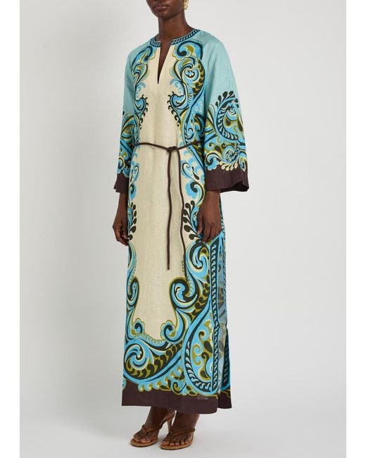 ALÉMAIS Green Natalia Printed Belted Linen Midi Dress
