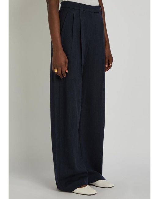 Brunello Cucinelli Blue Herringbone Straight-Leg Stretch-Wool Trousers