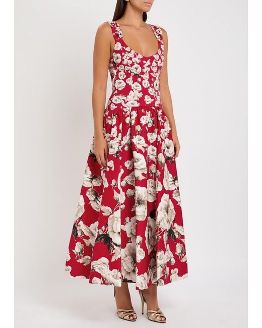 Alice + Olivia Red Oriana Floral-Print Stretch-Cotton Maxi Dress