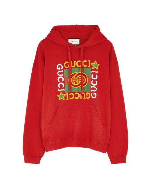 Gucci Red Logo-Print Hooded Cotton Sweatshirt