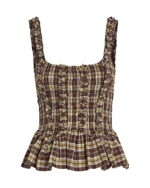 Damson Madder Brown Raphi Checked Shirred Cotton-Poplin Cami Top
