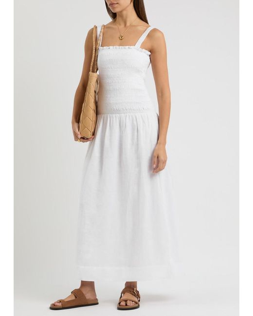 Faithfull The Brand White Messina Smocked Linen Maxi Dress