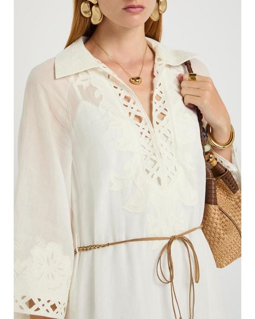 Zimmermann White Indra Embroidered Belted Ramie Maxi Dress