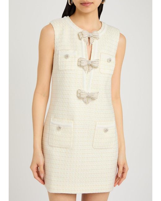 Self-Portrait White Bow-Embellished Bouclé Mini Dress