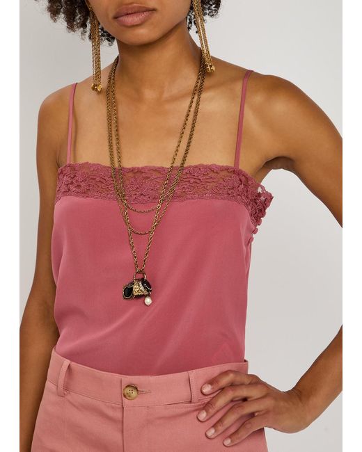 Chloé Pink Lace-Trimmed Silk Crepe De Chine Top