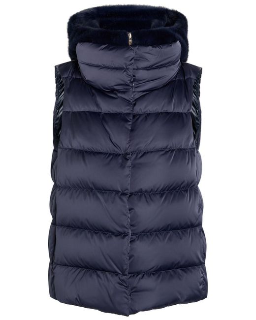 Herno Blue Quilted Hooded Shell And Faux Fur Gilet