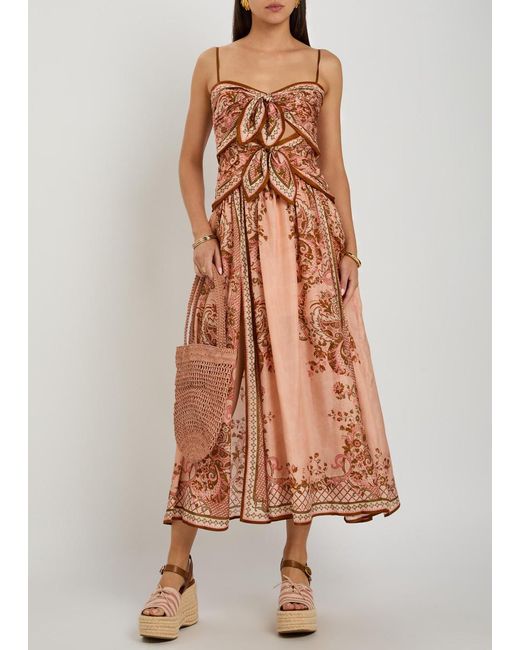 Zimmermann Pink Aster Scarf Printed Cut-Out Silk Midi Dress