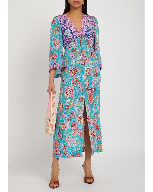 Rixo Blue Dahlia Floral-Print Silk Midi Dress