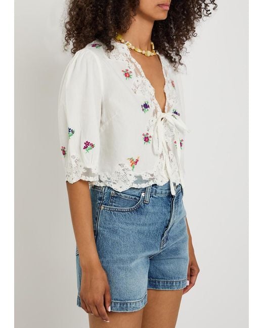 Rixo White Ursula Floral-Embroidered Cotton Top