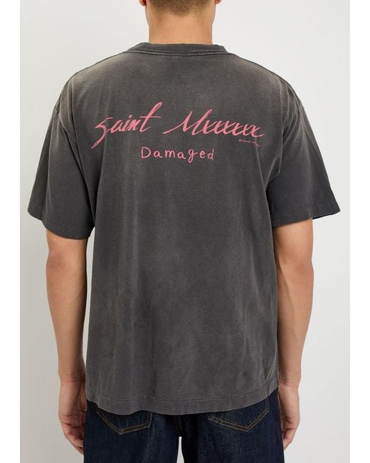 SAINT Mxxxxxx Gray Damaged Printed Cotton T-Shirt for men