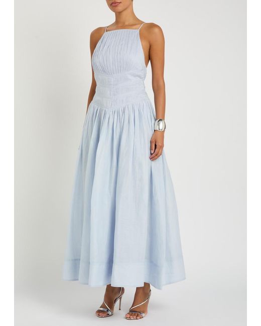 Aje. Blue Helene Pleated Ramie Maxi Dress