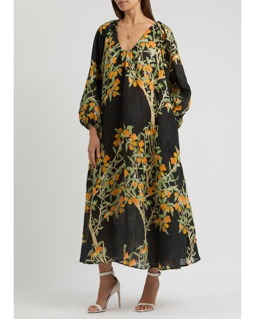 BERNADETTE Black Georgette Floral-Print Linen Maxi Dress