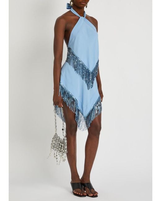 Rabanne Blue Fringed Chains Asymmetric Woven Top