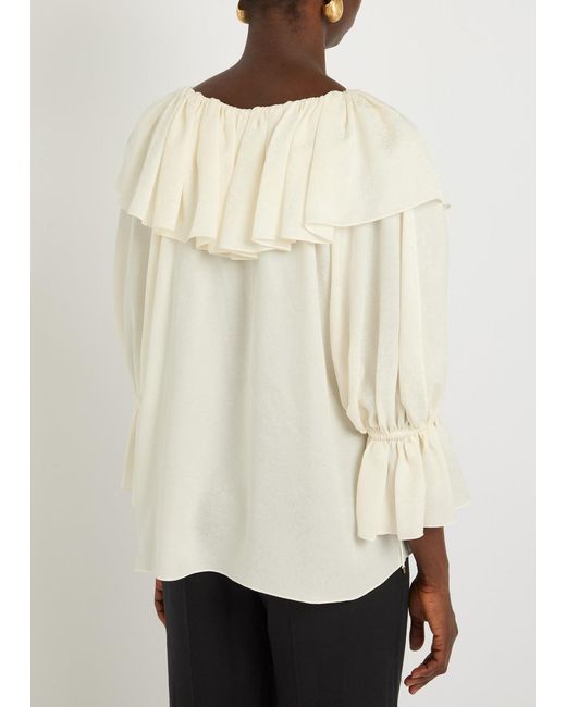 Chloé Natural Floral Jacquard Ruffled Silk Blouse