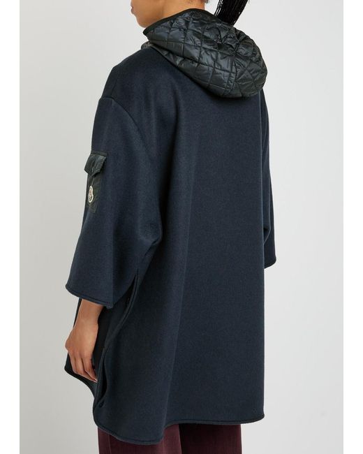 Moncler Blue Hooded Shell And Wool-Blend Cape Coat