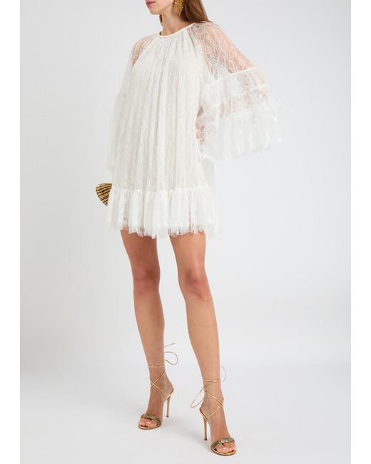 Alice + Olivia White Delia Ruffled Lace Mini Dress