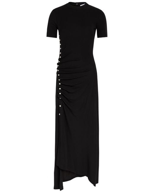 Rabanne Black Gathered Asymmetric Stretch-Jersey Midi Dress