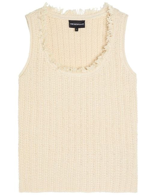 Emporio Armani Natural Fringed Cotton-Blend Crochet Top