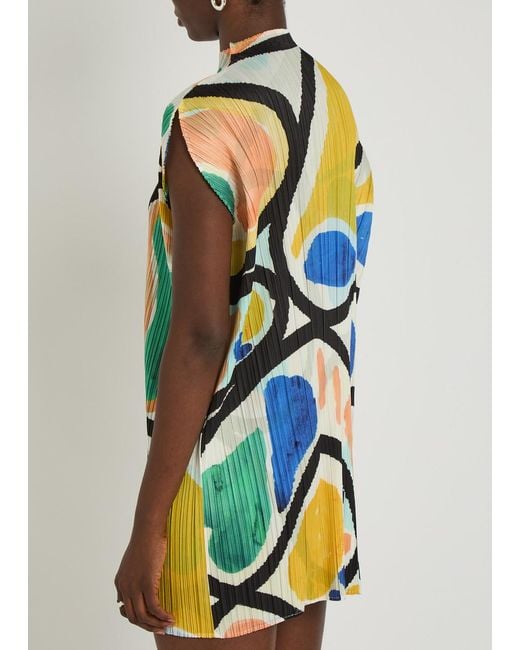 Pleats Please Issey Miyake Blue Pleated Printed Woven Mini Dress